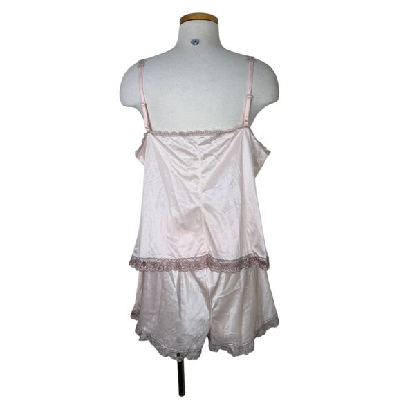 Vintage 80s Peach Pink Satin Lingerie Sleepwear Set Shorts Tank USA Made Large - Picture 2 of 7